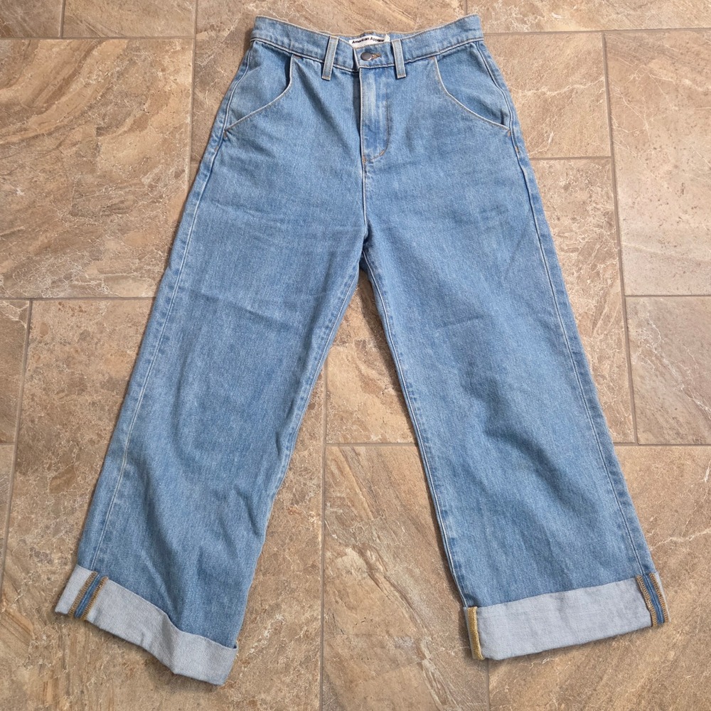 American Apparel Womens High Waisted Wide Leg Capris Jeans Light Wash 25 USA